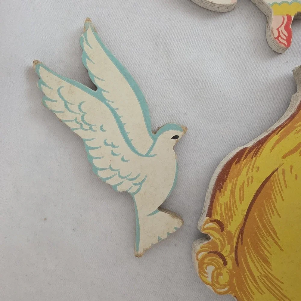 VTG 50s Dolly Toy Boy & Girl Praying Angel Doves Wall Decor Evening Prayer